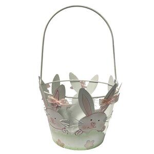 Decorative White Metal Easter Basket Cutout Design Bow Bunny Faces Floral Accent